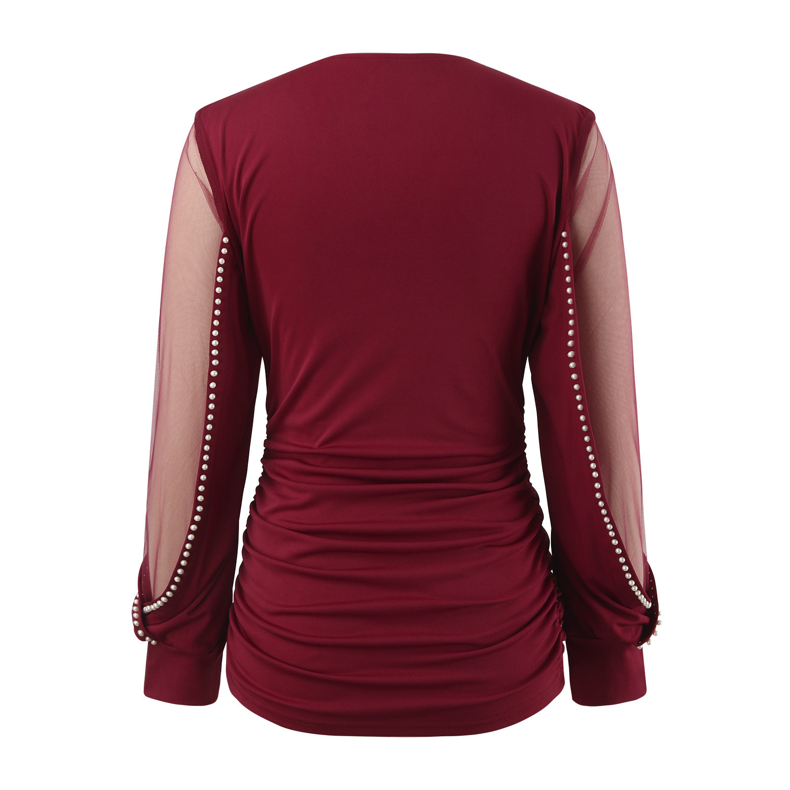 thumbnail image 4 of Blusa de malla de encaje transparente para mujer - Ribete de pedrería, cuello en V, manga larga - Top elegante y ajustado para ocasiones informales/fiestas - Tallas US/UK/EU S-XXL, 4 of 8